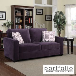Portfolio Madi Purple Velvet Sofa With Amethyst Purple Greek Key Accent Pillows