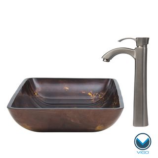 Vigo Rectangular Brown/ Gold Fusion Glass Vessel Sink And Otis Faucet Set