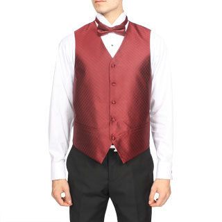 Ferrecci Ferrecci Mens Burgundy Red Diamond Pattern 4 piece Vest Set Red Size XS