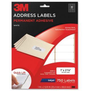 3m Permanent Adhesive Inkjet Printer White 1x2.625 inch Mailing Labels (pack Of 750)