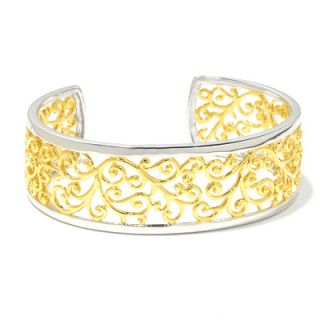 Diamond Aceent Scroll Cuff Bracelet in Sterling Silver with 18K Gold