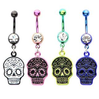 14g 7/16" Press Fit Clear Gem Navel Barbell with a Sugar Skull Dangle Charm, white/ clear; sold individually Body Piercing Rings Jewelry