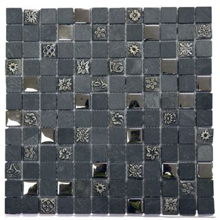 Grey Engraving Mosaic Stone 11.75 inch Square Wall Tiles