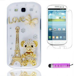 Samsung Galaxy S3 III I9300 Pearl Iron Tower Bear Decoration Hard Cover Case Skin For Protection With Paster And Pink Stylus Cell Phones & Accessories