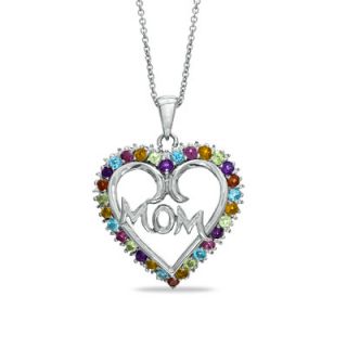 Multi Gemstone and Diamond Accent Heart Shaped Mom Pendant in