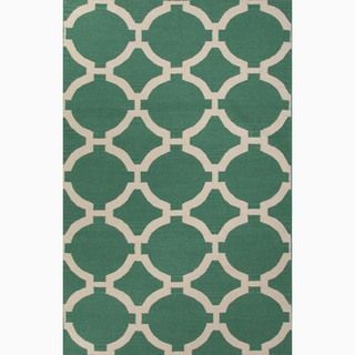 Hand made Geometric Pattern Green/ Ivory Wool Rug (8x10)