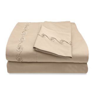 Veratex Grand Luxe Egyptian Cotton Sateen 500 Thread Count Deep Pocket Sheet Set With Chenille Embroidered Swirl Design Taupe Size Twin
