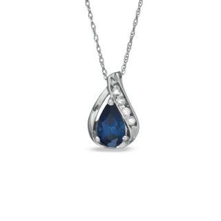 Pear Shaped Lab Created Blue and White Sapphire Pendant in 10K White