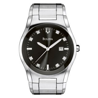 Mens Bulova Stainless Steel Watch with Black Dial and Diamond Markers