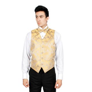 Ferrecci Ferrecci Mens Gold And Brown Paisley Vest Bowtie Necktie And Handkerchief Set Gold Size XS