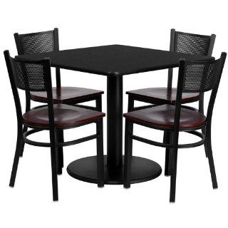 T & D Restaurant Equipment REST 0008 MHW BK 36 Square Black Laminate Table Set with Grid Back Metal Chair and Mahogany Wood Seat Seats 4, Black, Mahogany   Reception Room Tables