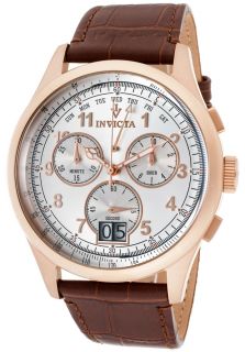 Invicta 10761  Watches,Mens Vintage Chrono Silver Dial 18k Rose Gold Plated Case Genuine Brown Calf Leather, Chronograph Invicta Quartz Watches