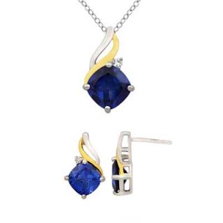 Cushion Cut Lab Created Ceylon and White Sapphire Pendant and Earrings