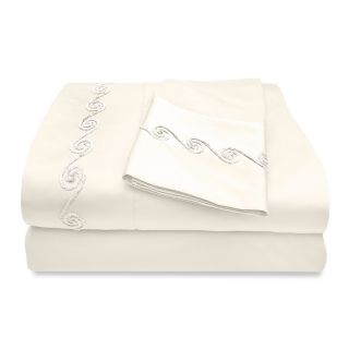 Veratex Grand Luxe Egyptian Cotton Sateen 500 Thread Count Deep Pocket Sheet Set With Chenille Embroidered Swirl Design Ivory Size Twin