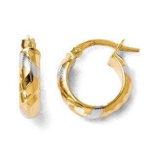 14k and White Rhodium Polished And Textured Hoop Earrings   JewelryWeb Jewelry