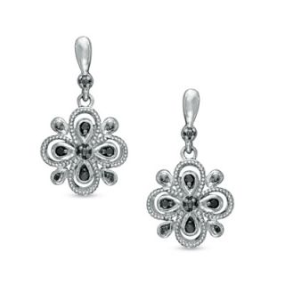 Enhanced Black Diamond Accent Flower Drop Earrings in Sterling Silver