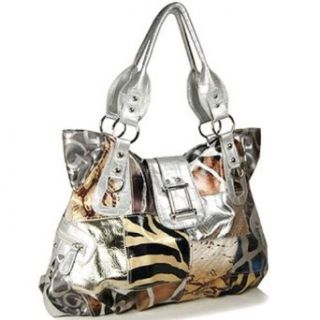 Roomy Animal Print Zebra Patchwork Shoulder Bag Purse (silver) Clothing
