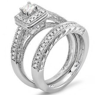 0.75 Carat (ctw) 14k White Gold Princess & Round Diamond Ladies Bridal Ring Set Halo Style Set 3/4 CT Jewelry