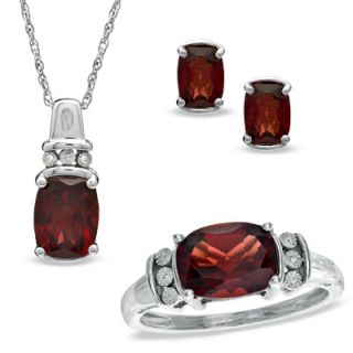 Cushion Cut Garnet and Diamond Accent Pendant, Ring and Earrings Set