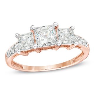 Princess Cut Lab Created White Sapphire Three Stone Ring in 10K Rose