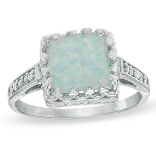 0mm Princess Cut Lab Created Opal and White Topaz Crown Ring in