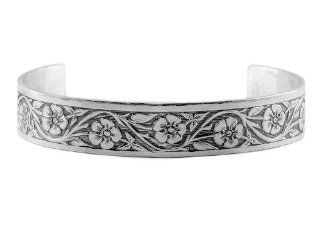 Antique Style Sterling Silver Forget Me Not Flower Engraved Cuff Bracelet Victorian Braclet Jewelry