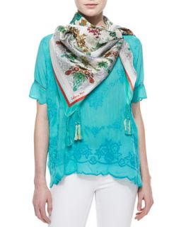 Short Sleeve Embroidered Rose Scalloped Top, Aqua Jade, Womens   Johnny Was