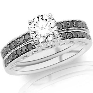 1.24 Carat Round Cut/Shape 14K White Gold Pave Set Black Diamond Engagement Ring and Wedding Band Set ( J K Color , VS2 Clarity ) Jewelry