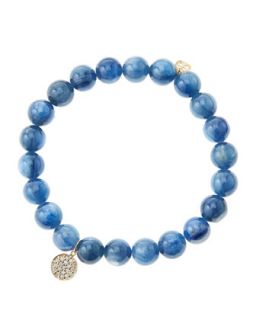 8mm Kyanite Beaded Bracelet with Mini Yellow Gold Pave Diamond Disc Charm (Made