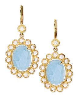Oval Rose Cut Aquamarine & Rose Cut Diamond Scalloped Earrings on French Wire  