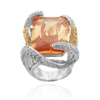 Very Large Sterling Silver 925 Rectangle Citrine & Clear CZ Stones Cocktail Ring Jewelry
