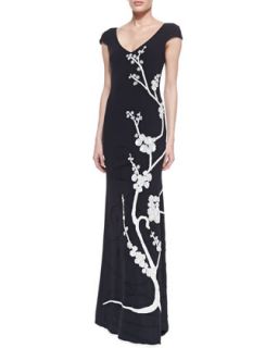 Womens Cap Sleeve Floral Appliqu� Gown, Midnight Black   Theia by Don O