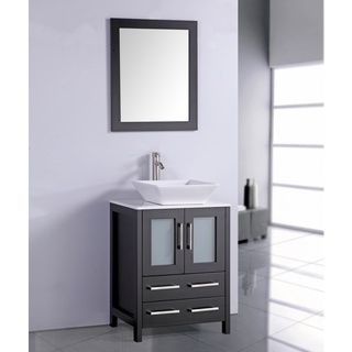 Legion Furniture White Artificial Stone Top 24 inch Vessel Sink Espresso Bathroom Vanity And Matching Framed Mirror Espresso Size Single Vanities
