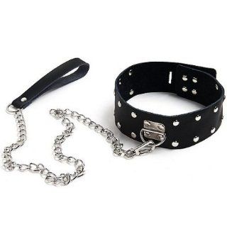 1pc Leather Locking Rivet Neck Harness Bondage Kits Collar Restraint with Chain Leash J1199  Health & Personal Care
