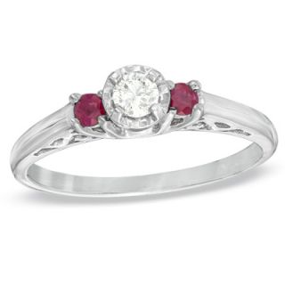 CT. Diamond and Ruby Three Stone Engagement Ring in Sterling