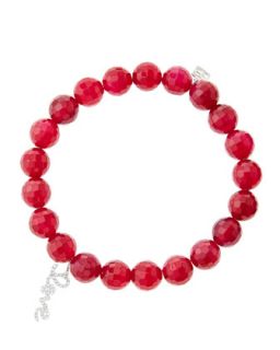 8mm Faceted Red Agate Beaded Bracelet with 14k White Gold/Diamond Love Charm