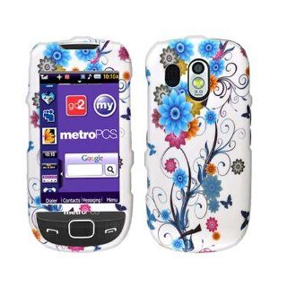 Hard Plastic Snap on Cover Fits Samsung R860 R850 Caliber Blue Flower and Butterfly Rubberized US Cellular, MetroPCS Cell Phones & Accessories