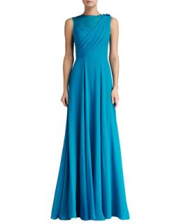 Womens Silk Crinkle Georgette Draped Bodice Gown with Organza   St. John