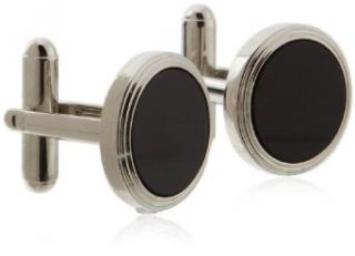 Geoffrey Beene Mens Polished Rhodium Stepped Circle With Black Center Cufflinks, Black/Silver, One Size Clothing