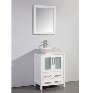 Legion Furniture White Artificial Stone Top 24 inch Vessel Sink White Bathroom Vanity And Matching Framed Mirror White Size Single Vanities