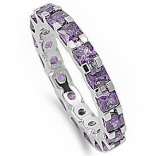 Princess Cut Simulated Amethyst Eternity Wedding Band .925 Sterling Silver Ring Size 5 Jewelry