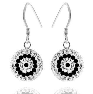 Sterling Silver 925 Round shape Black and Clear Crystal Ferido Dangle Earrings Jewelry
