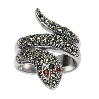 Chuvora .925 Sterling Silver 28mm long Genuine Marcasite Wrap Around Snake w/ Red Garnet Eyes Ring for Women Size 9   Nickle Free Chuvora Jewelry