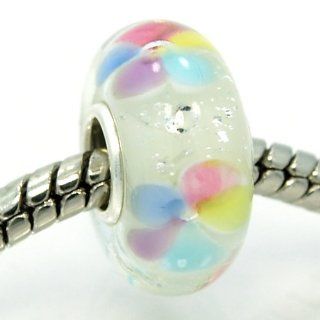 Pro Jewelry .925 Sterling Silver Glass "Multicolor Pastel Flowers w/ Crystal Encased in Glass" Charm Bead for Snake Chain Charm Bracelets 5132 Jewelry
