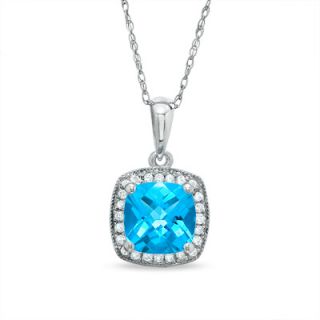 Cushion Cut Blue Topaz Pendant in 10K White Gold with Diamond Accents