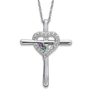 Couples Birthstone and Diamond Accent Cross Heart Pendant in Sterling