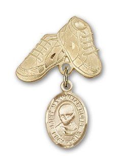 JewelsObsession's 14K Gold Baby Badge with St. Maximilian Kolbe Charm and Baby Boots Pin Jewels Obsession Jewelry