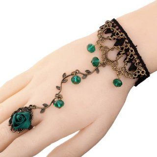 Yazilind Lolita Green Rose Branch Shape Crystal Metal Black Lace Slave Bracelets with Ring Jewelry