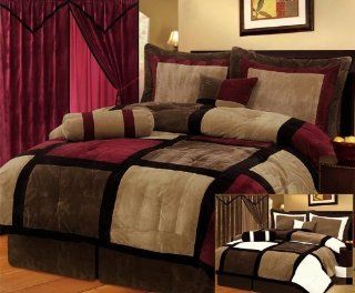 7 Pieces Burgandy Brown Black & Beige Micro Suede Patchwork Comforter Bedding Set Washable Full Size  