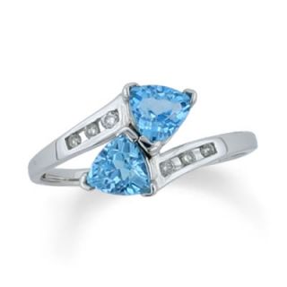 Trillion Cut Blue Topaz Bypass Ring in 10K White Gold with Diamond